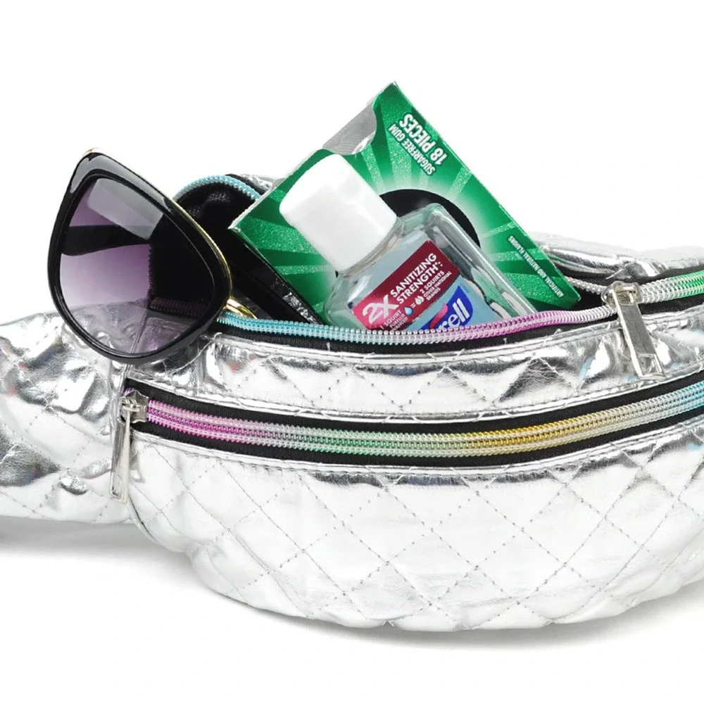 Quilted Metallic Silver Fanny Pack Belt Bag Sling Bag with Iridescent Zippers - Picture 4 of 6
